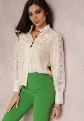 Jasnobeżowa Koszula Meridtila. Brązowe koszule Renee, m, z aplikacjami, z koronki, eleganckie, bez kołnierzyka, bez ramiączek. W wyprzedaży za 75.99 zł.