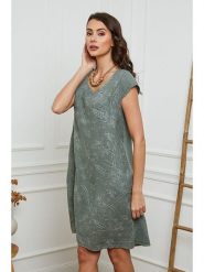 La Compagnie Du Lin Lniana sukienka w kolorze khaki rozmiar: XL. Brązowe sukienki La Compagnie Du Lin, na co dzień, xl, bez wzorów, ze lnu, bez kołnierzyka, bez ramiączek, mini, proste. Za 166.10 zł.