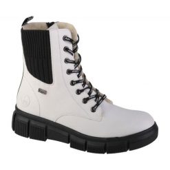Buty Rieker Booties W X3414-80 białe. Białe botki Rieker, bez wzorów, z materiału, za kostkę, bez obcasa, bez zapięcia. Za 427.86 zł.