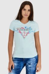 GUESS Błękitny t-shirt damski z logo z liśćmi i cyrkoniami, Rozmiar L. Niebieskie t-shirty Guess, l, z aplikacjami, bez kołnierzyka, bez ramiączek. W wyprzedaży za 102.99 zł.