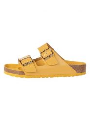 Birkenstock Skórzane klapki w kolorze żółtym rozmiar: 38. Żółte klapki Birkenstock, bez wzorów, klasyczne, z otwartym noskiem, bez obcasa, bez zapięcia. Za 449.95 zł.