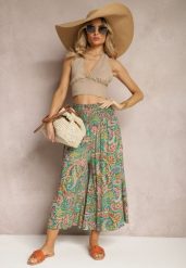 Zielone Spodnie Culottes z Bawełnianej Tkaniny Ozdobione Wzorem Paisley Gwinamas. Zielone jeansy Renee, bez wzorów, z bawełny, biznesowe. W wyprzedaży za 39.99 zł.