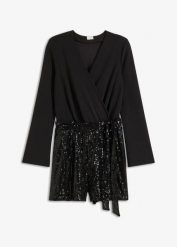 Krótki kombinezon z cekinami. Czarne kombinezony bonprix, bez wzorów, eleganckie, bez kołnierzyka, bez ramiączek, krótkie. Za 199.99 zł.
