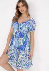 Biało-Niebieska Sukienka Ampea. Niebieskie sukienki Born2be, m, bez wzorów, klasyczne, bez kołnierzyka, bez ramiączek, mini, rozkloszowane. Za 189.99 zł.