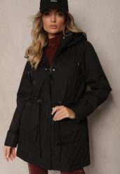 Czarna Kurtka Pikowana w Stylu Parki ze Ściągaczem w Talii i Odpinanym Kapturem Erivieria. Czarne kurtki Renee, l, bez wzorów, z jeansu, eleganckie, z kapturem. W wyprzedaży za 262.49 zł.