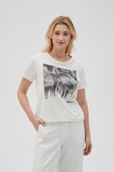Biała bawełniana bluzka z nadrukiem. Białe bluzki MOODO, l, bez wzorów, z bawełny, bez kołnierzyka, bez ramiączek. Za 44.99 zł.