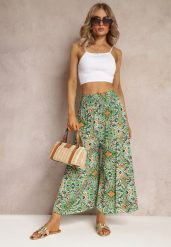Zielone Szerokie Spodnie w Fantazyjny Print o Długości 7/8 Saru. Zielone jeansy Renee, l, z aplikacjami, z jeansu, z podwyższonym stanem. W wyprzedaży za 29.99 zł.