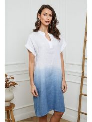 Fleur de Lin Lniana sukienka w kolorze biało-błękitnym rozmiar: XL. Białe sukienki Fleur de Lin, na co dzień, xl, bez wzorów, ze lnu, bez kołnierzyka, bez ramiączek, midi, proste. Za 223.99 zł.