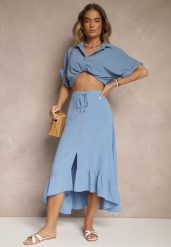 Niebieska Spódnica z Przedłużonym Tyłem Zdobiona Falbanami i Guzikami Maleira. Niebieskie spódnice Renee, na co dzień, l, z aplikacjami, boho, midi, asymetryczne. W wyprzedaży za 35.99 zł.
