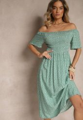 Zielona Bawełniana Sukienka Hiszpanka o Rozkloszowanym Kroju w Kwiaty Sadique. Zielone sukienki Renee, na co dzień, l, bez wzorów, z bawełny, eleganckie, bez kołnierzyka, bez ramiączek, midi, rozkloszowane. W wyprzedaży za 39.99 zł.
