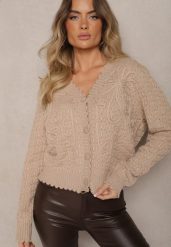 Beżowy Kardigan w Stylu Oversize z Guzikami i Ozdobnymi Tłoczeniami Palabia. Brązowe swetry Renee, na zimę, bez wzorów, bez ramiączek. W wyprzedaży za 143.99 zł.