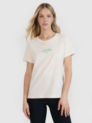T-shirt regular z nadrukiem damski 4F 4FRSS25TTSHF2786. Czarne t-shirty sportowe 4f, uniwersalny, bez wzorów, z bawełny, bez ramiączek, trekkingowe. Za 59.99 zł.