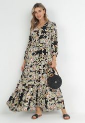 Czarno-Beżowa Rozkloszowana Sukienka Oversize w Kwiaty Kylia. Czarne sukienki Born2be, l, bez wzorów, bez kołnierzyka, bez ramiączek, maxi, oversize. W wyprzedaży za 67.99 zł.