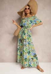 Zielono-Niebieska Wiskozowa Sukienka o Rozkloszowanym Kroju z Paskiem w Talii w Kwiatowy Print Rosubia. Zielone sukienki Renee, na co dzień, l, bez wzorów, z tkaniny, wizytowe, bez kołnierzyka, bez ramiączek, maxi, proste. W wyprzedaży za 55.99 zł.