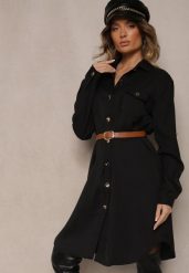 Czarna Koszulowa Sukienka Ozdobiona Paskiem i Rękawem z Regulacją Esaviona. Czarne sukienki Renee, na co dzień, l, bez wzorów, z jeansu, eleganckie, bez kołnierzyka, bez ramiączek, dopasowane. W wyprzedaży za 111.99 zł.