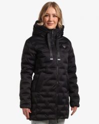Damski płaszcz zimowy Kilpi BELIZE-W. Czarne płaszcze Kilpi, na zimę, bez wzorów, z materiału, eleganckie, z kapturem. Za 523.50 zł.
