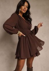 Brązowa Siateczkowa Sukienka o Rozkloszowanym Kroju z Dekoltem w Serek Zennela. Brązowe sukienki Renee, na co dzień, l, bez wzorów, z jeansu, eleganckie, bez kołnierzyka, bez ramiączek, mini, kopertowe. Za 159.99 zł.