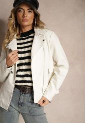 Biała Motocyklowa Kurtka Ramoneska o Klasycznym Kroju Elosindae. Białe kurtki Renee, l, bez wzorów, z jeansu, eleganckie, bez kaptura. Za 159.99 zł.