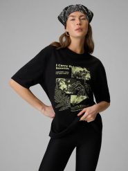 4F T-shirt loose z nadrukiem damski - czarny M. Czarne t-shirty 4f, m, bez wzorów, z dzianiny, klasyczne, bez kołnierzyka, bez ramiączek. Za 79.99 zł.