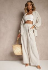Beżowy Bawełniany Komplet Muślinowy Oversize z Koszulą i Szerokimi Spodniami Ziorina. Brązowe koszule Renee, z aplikacjami, z bawełny, eleganckie, bez kołnierzyka, bez ramiączek. W wyprzedaży za 143.99 zł.