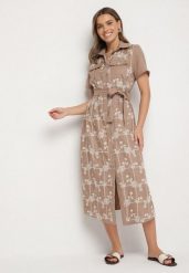 Ciemnobeżowa Sukienka o Koszulowym Kroju z Wiązanym Paskiem i Haftem Malavea. Brązowe sukienki Born2be, na co dzień, l, bez wzorów, eleganckie, bez kołnierzyka, bez ramiączek, maxi, koszulowe. Za 129.99 zł.