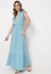 Jasnoniebieska Bawełniana Sukienka Maxi z Kopertową Górą Rozkloszowana Xaliara. Niebieskie sukienki Born2be, l, bez wzorów, z bawełny, bez kołnierzyka, bez ramiączek, maxi, kopertowe. Za 79.99 zł.