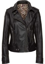 Kurtka biker. Czarne kurtki bonprix, z aplikacjami, ze skóry, bez kaptura. Za 199.99 zł.