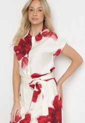 Biało-Czerwona Wiskozowa Koszula z Krótkim Rękawem w Kwiatowy Wzór Lisamelis. Białe koszule Born2be, l, bez wzorów, z jeansu, eleganckie, bez kołnierzyka, bez ramiączek. W wyprzedaży za 93.49 zł.