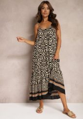 Czarno-Beżowa Rozkloszowana Sukienka z Bawełny na Cienkich Ramiączkach Nellmaira. Czarne sukienki Renee, na imprezę, l, bez wzorów, z bawełny, bez kołnierzyka, bez ramiączek, maxi, rozkloszowane. Za 49.99 zł.