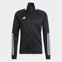 Bluza treningowa do piłki nożnej ADIDAS Sereno. Czarne bluzy adidas, m, bez wzorów, z dresówki, bez kaptura, do piłki nożnej. W wyprzedaży za 169.99 zł.