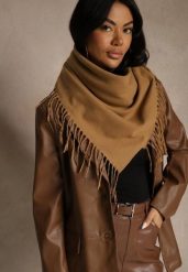 Jasnobrązowy Szalik w Kształcie Trójkąta z Frędzlami Vetifare. Brązowe szaliki i kominy Renee, bez wzorów, z jeansu, boho. Za 34.99 zł.