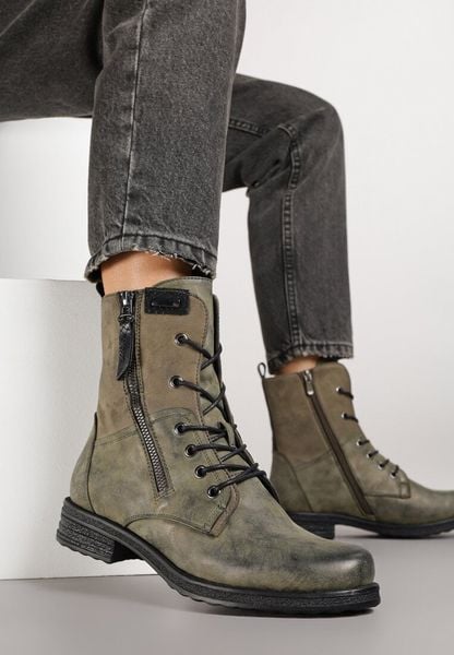 Zielone Botki w Stylu Vintage ze Sznurowaniem Vemlora. Zielone botki Renee, bez wzorów, z jeansu, rockowe, bez obcasa, na płaskiej podeszwie, bez zapięcia. Za 149.99 zł.