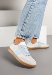 Biało-Niebieskie Sneakersy Tenisówki w Kultowym Stylu Neolithaen. Białe trampki Renee, bez wzorów, z jeansu, eleganckie, bez zapięcia. W wyprzedaży za 67.99 zł.