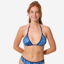Góra kostiumu kąpielowego surfingowego damska Decathlon Mae Borneo. Niebieskie bikini OLAIAN, bez wzorów, sportowe. Za 29.99 zł.