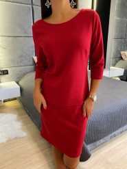 Czerwona Klasyczna Sukienka 8397-180-C. Czerwone sukienki ModnaKiecka.pl, do pracy, l, bez wzorów, z elastanu, eleganckie, bez kołnierzyka, bez ramiączek, proste. Za 94.99 zł.