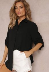 Czarna Koszula z Kołnierzem i Długimi Rękawami na Guzik Henvia. Czarne koszule Renee, plus size, bez wzorów, bez kołnierzyka, plus size, bez ramiączek. W wyprzedaży za 67.99 zł.