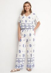 Niebiesko-Biały Bawełniany Komplet Koszula i Szerokie Spodnie w Stylu Boho Ollirive. Niebieskie koszule Born2be, l, z aplikacjami, z bawełny, boho, bez kołnierzyka, bez ramiączek. Za 89.99 zł.