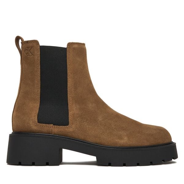 Sztyblety Calvin Klein Jeans. Brązowe botki Calvin Klein Jeans, bez wzorów, z jeansu, bez obcasa, na płaskiej podeszwie, bez zapięcia. Za 599.99 zł.