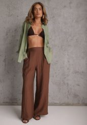 Brązowe Szerokie Spodnie Casual High Waist ze Strukturalnej Tkaniny Hyrarpia. Brązowe spodnie materiałowe Renee, bez wzorów, z jeansu, casualowe, z podwyższonym stanem. Za 89.99 zł.