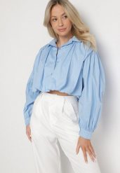 Jasnoniebieska Bawełniana Koszula o Krótkim Kroju Nuriella. Niebieskie koszule Born2be, bez wzorów, z bawełny, klasyczne, bez kołnierzyka, bez ramiączek. W wyprzedaży za 110.49 zł.