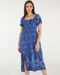 Niebieska wzorzysta sukienka. Niebieskie sukienki Unisono, l, bez wzorów, z tkaniny, bez kołnierzyka, bez ramiączek, mini, rozkloszowane. Za 169.00 zł.