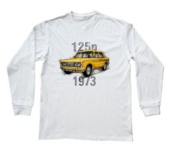 Fiat 125p — bluzka z długim rękawem (Rozmiar: M (dorosła); Kolor koszulki: biały; Rodzaj nadruku: Fiat 125p). Białe bluzki nikiniki, m, bez wzorów, z bawełny, biznesowe, bez kołnierzyka, bez ramiączek. Za 89.00 zł.