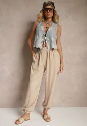 Beżowe Spodnie Joggery High Waist ze Ściągaczami Korilanea. Brązowe jeansy Renee, l, bez wzorów, z jeansu, eleganckie, z podwyższonym stanem. W wyprzedaży za 29.99 zł.