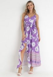 Fioletowa Sukienka Maxi na Cienkich Ramiączkach i Materiałowym Paskiem Adakila. Fioletowe sukienki Born2be, l, bez wzorów, z materiału, eleganckie, bez kołnierzyka, bez ramiączek, maxi. Za 99.99 zł.