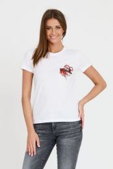 KARL LAGERFELD Biały t-shirt ikonik lny. Białe t-shirty KARL LAGERFELD, xs, bez wzorów, bez kołnierzyka, bez ramiączek. W wyprzedaży za 279.99 zł.