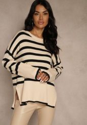 Kremowo-Czarny Sweter Oversize w Paski Kalitusa. Czarne swetry Renee, bez wzorów, z jeansu, casualowe, bez ramiączek. Za 64.99 zł.