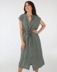MIDI SUKIENKA Z LNU. Zielone sukienki Unisono, l, bez wzorów, z tkaniny, bez kołnierzyka, bez ramiączek, midi. Za 269.00 zł.