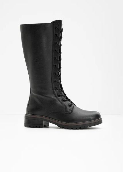Kozaki sznurowane. Czarne kozaki bonprix, na zimę, bez wzorów, bez obcasa, bez zapięcia. Za 219.99 zł.