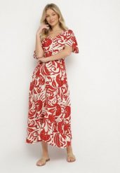 Bordowa Rozkloszowana Sukienka z Wiskozy w Roślinny Wzór Ridiata. Czerwone sukienki Born2be, na co dzień, l, bez wzorów, z wiskozy, eleganckie, bez kołnierzyka, bez ramiączek, maxi, proste. Za 89.99 zł.