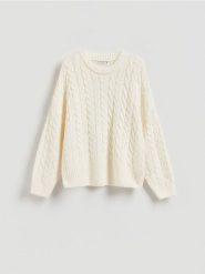 Sweter z warkoczowym splotem - złamana biel. Swetry Reserved, l, bez wzorów, z dzianiny, bez ramiączek. Za 139.99 zł.